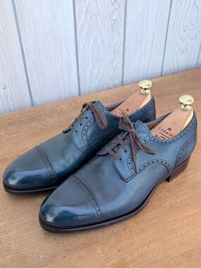 Carmina Blue Leather Cap-Toe Derby Shoes